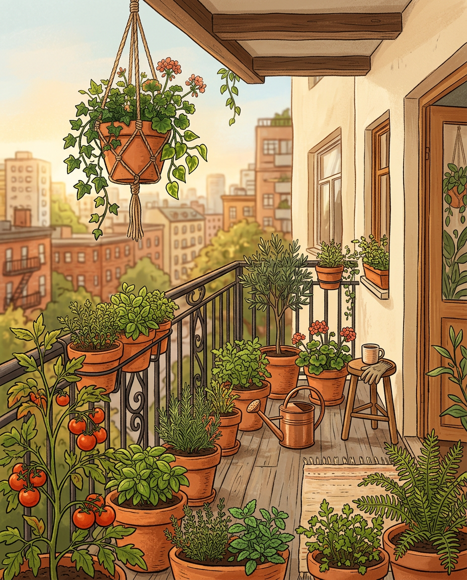Lush apartment balcony garden with terracotta pots and herbs