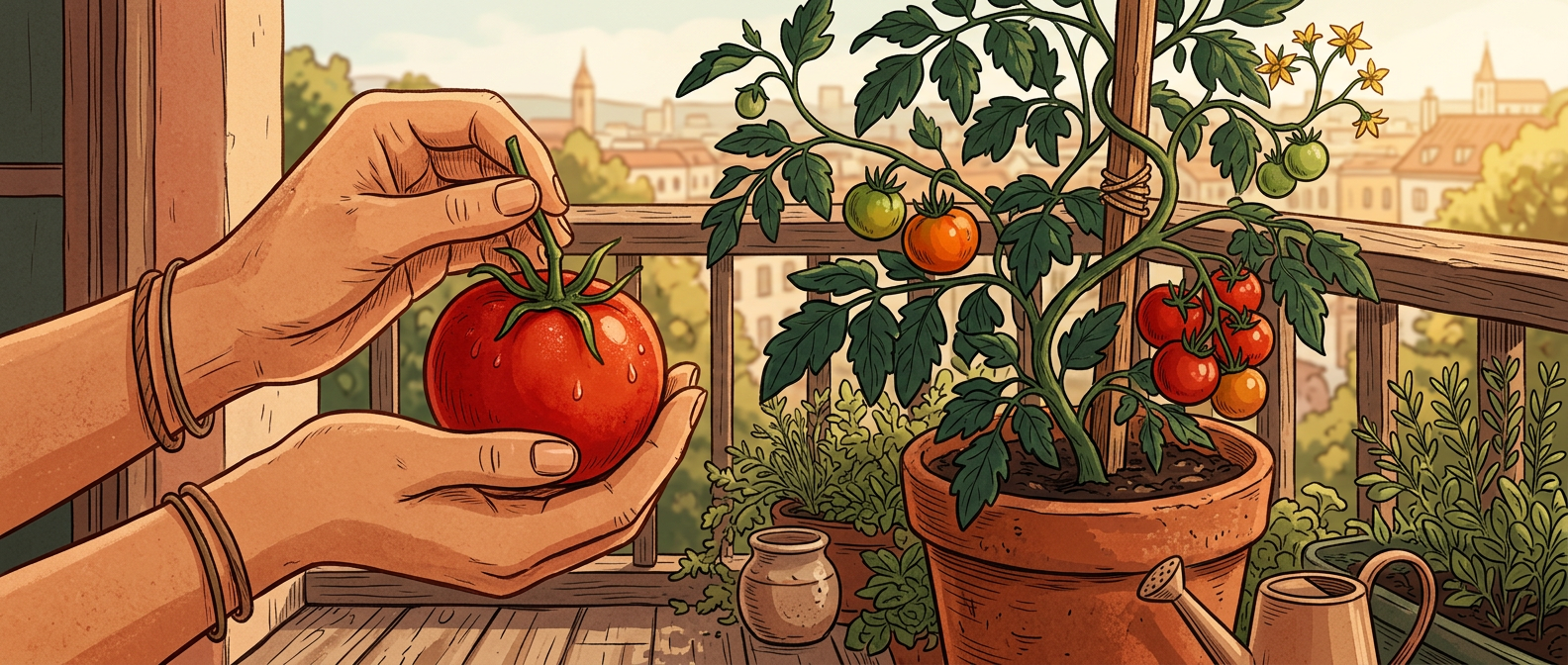 Hands holding a ripe tomato picked from a container plant