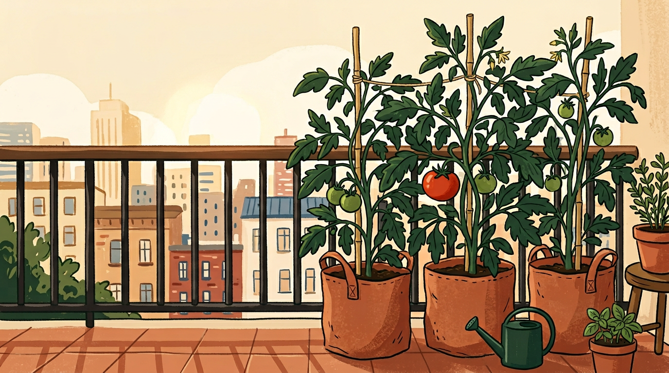 Tomato plants growing in fabric bags on a balcony