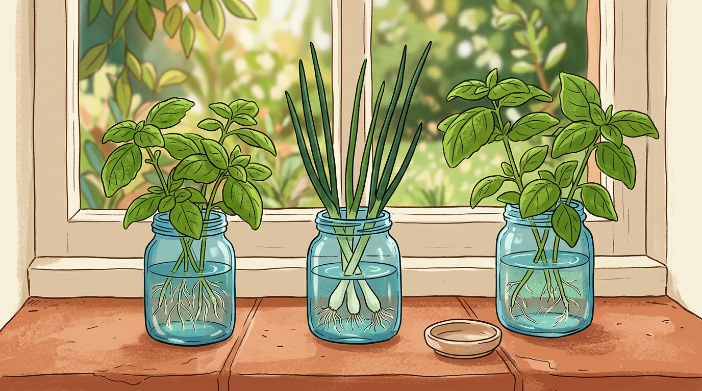 Herb stems growing roots in glass jars
