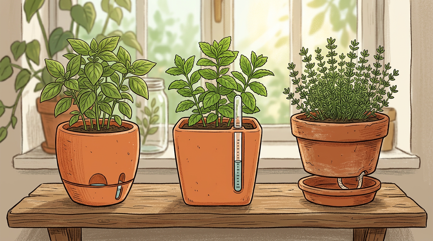 Self-watering planters with herbs